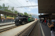 «Triangul cun vapur»: G 3/4 11 im Dreieck St. Moritz—Pontresina—Samedan am Bahnhofsfest St. Moritz am 26.8.2017. Pontresina.