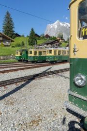 Wengernalpbahn WAB - priv. Fotofahrt, Parade mit historischen BDhe 4/4 und He 2/2 in Grindelwald Grund